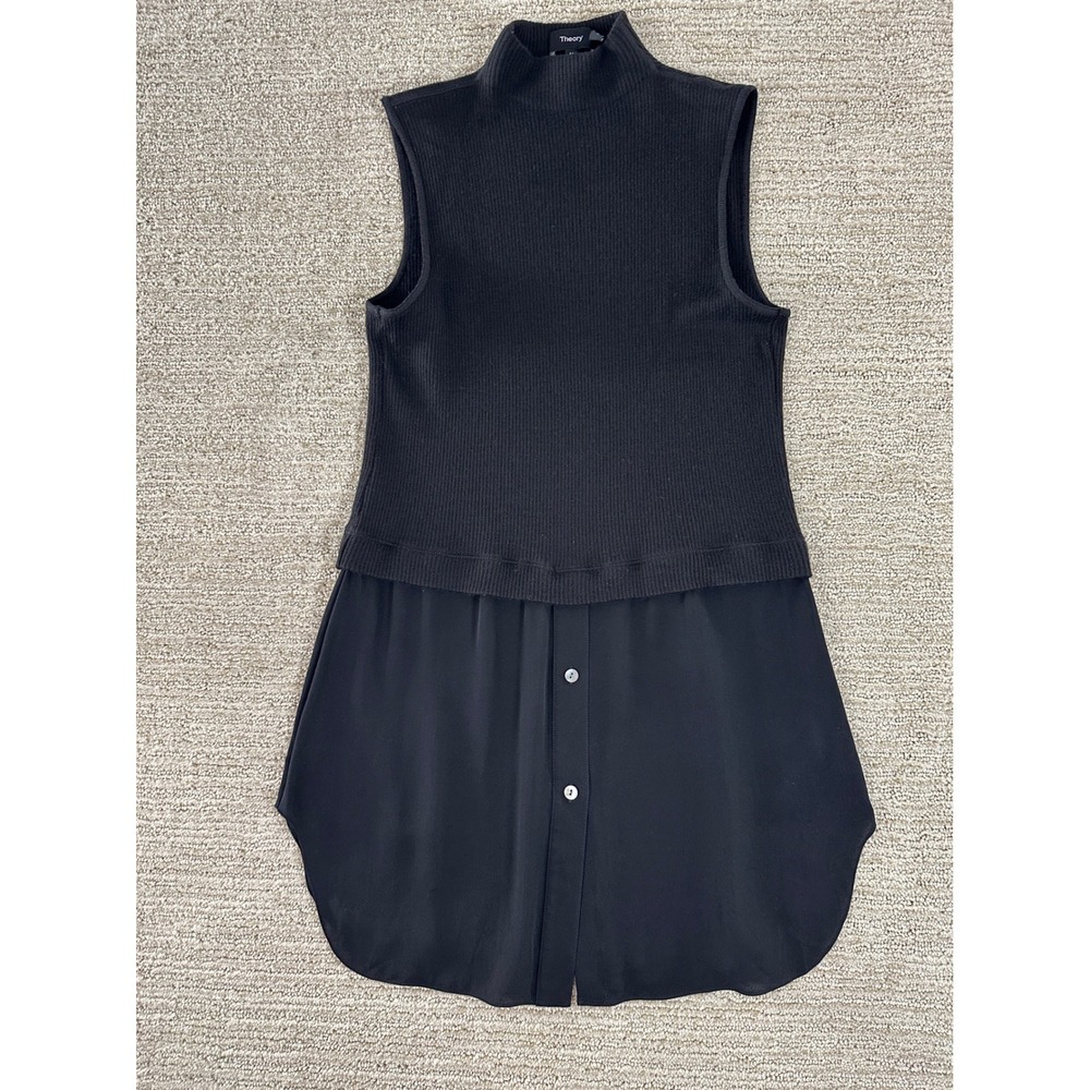 Theory Black SL Combo Tunic Sweater Rib Knit Mock Neck Silk Hem Top M K0829501